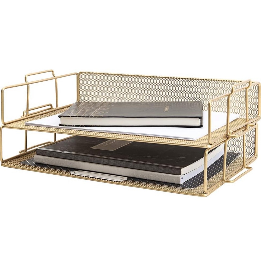 BLU Monaco Gold Mesh Paper Tray Set of 2 Stackable Letter Trays Office Storage